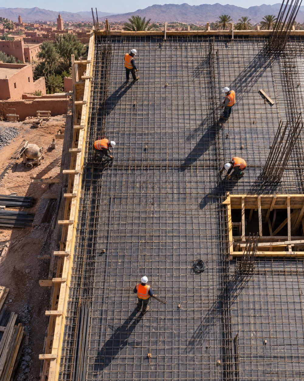 Vue aérienne d'un chantier : le ferraillage d'une dalle et des ouvriers.