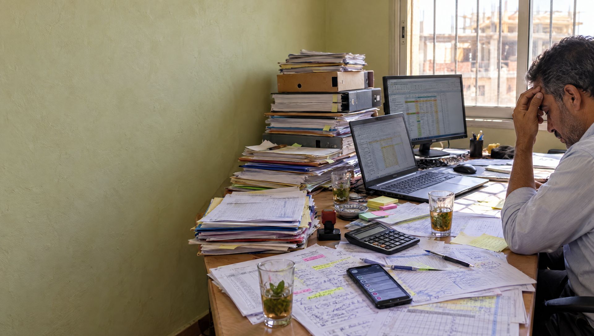 Un chef d'entreprise épuisé devant un bureau couvert de dossiers papier, de tableaux imprimés, d'un ordinateur et d'un téléphone plein de messages.